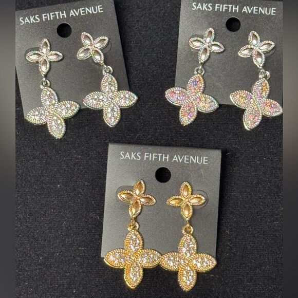 Saks Fifth Avenue Elegant Gold and Crystal Clover Floral Earrings 2 inch - Picture 3 of 7